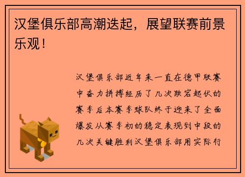 汉堡俱乐部高潮迭起，展望联赛前景乐观！